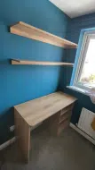 Freestanding desk with fitted shelves to utilise vertical space all made in Natural Pacific Walnut and fitted in Sunderland